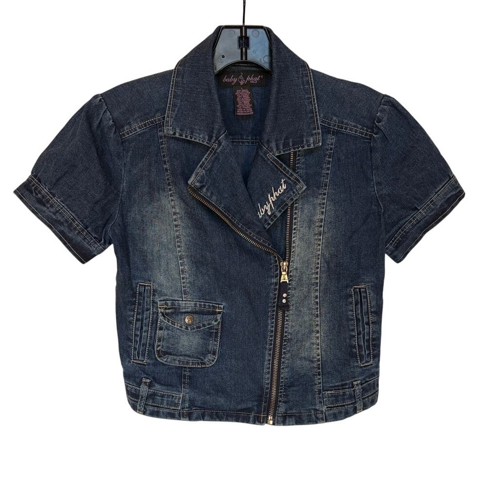 Baby Phat Girlz Y2K SS Moto Style Cropped Denim Jacket w Bling size L Runs Small